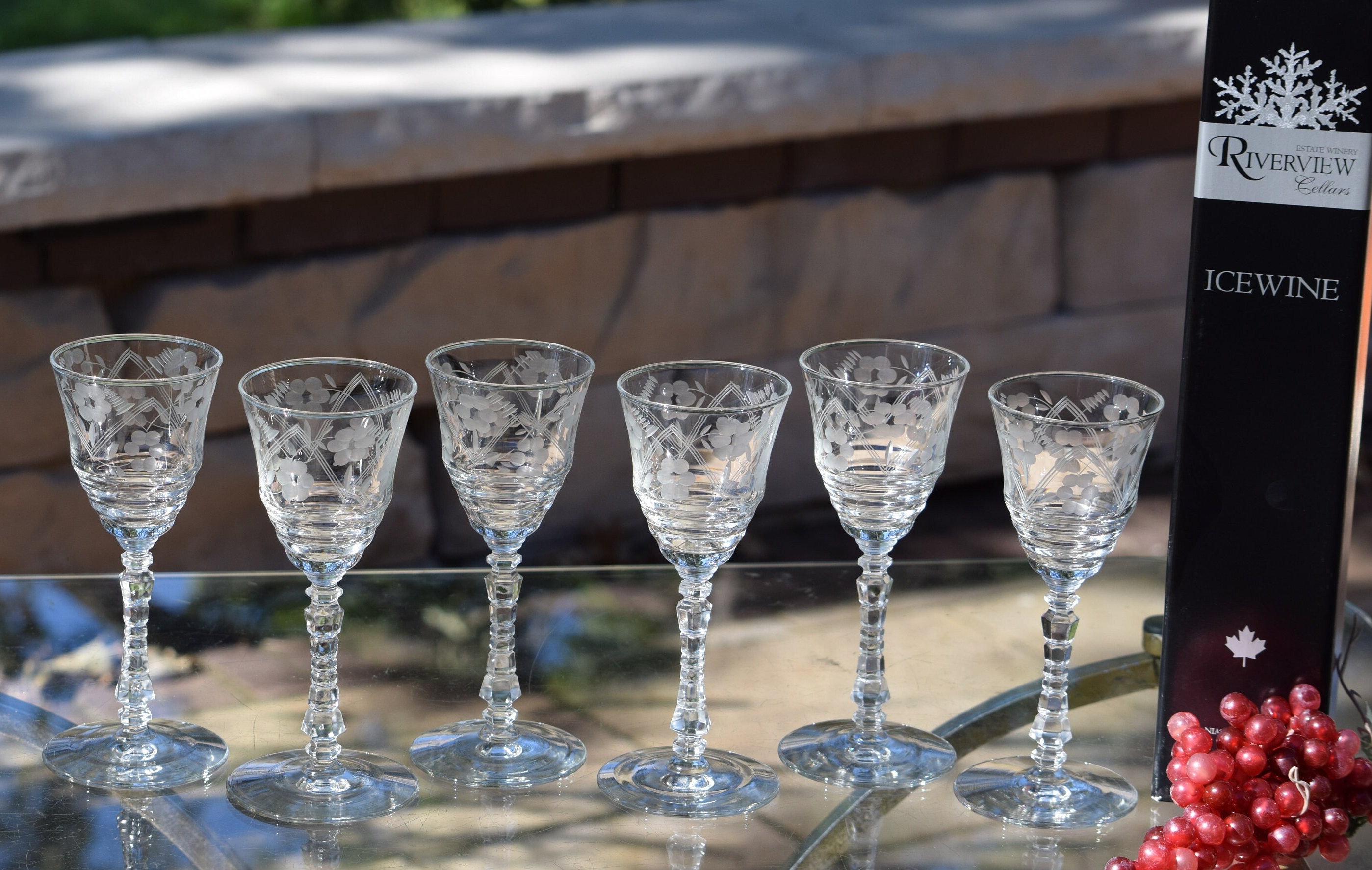 6 Vintage Etched Wine Glasses, Rock Sharpe, 1950's, After Dinner