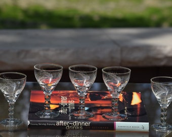 5 Vintage Etched Wine Liqueur Cordials ~ After Dinner Drink Glasses,  1950's, Vintage 2 oz Port ~ Dessert Wine, Sherry glasses