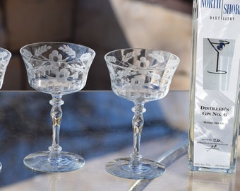 4 Vintage Etched Cocktail ~ Martini Glasses, 1950's, Nick & Nora,  Home Bartender ~ Mixologist gifts, Vintage Etched Champagne Glasses