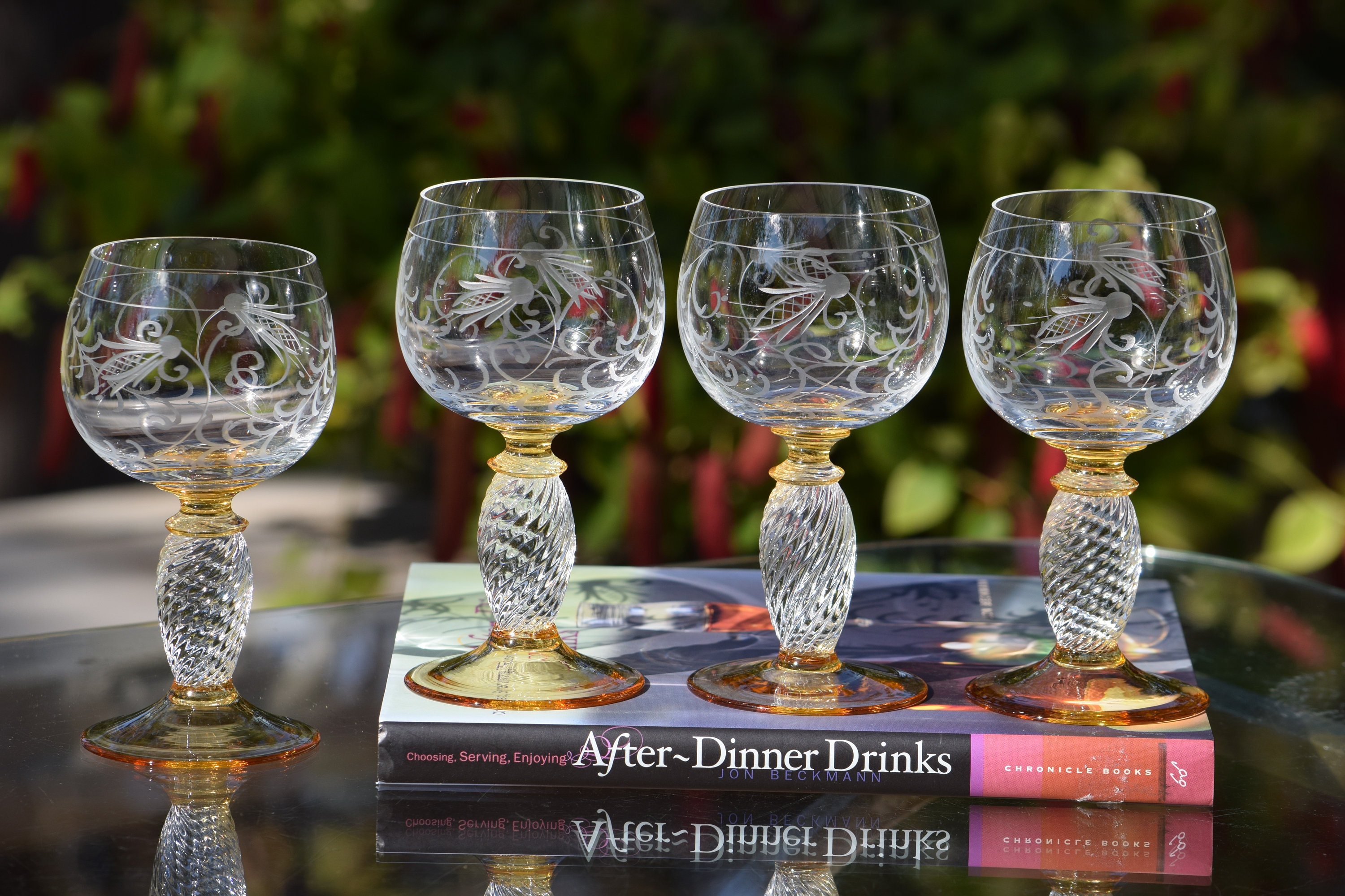 4 Vintage Amber Etched Wine Cordials Glasses, Pieroth Roemer