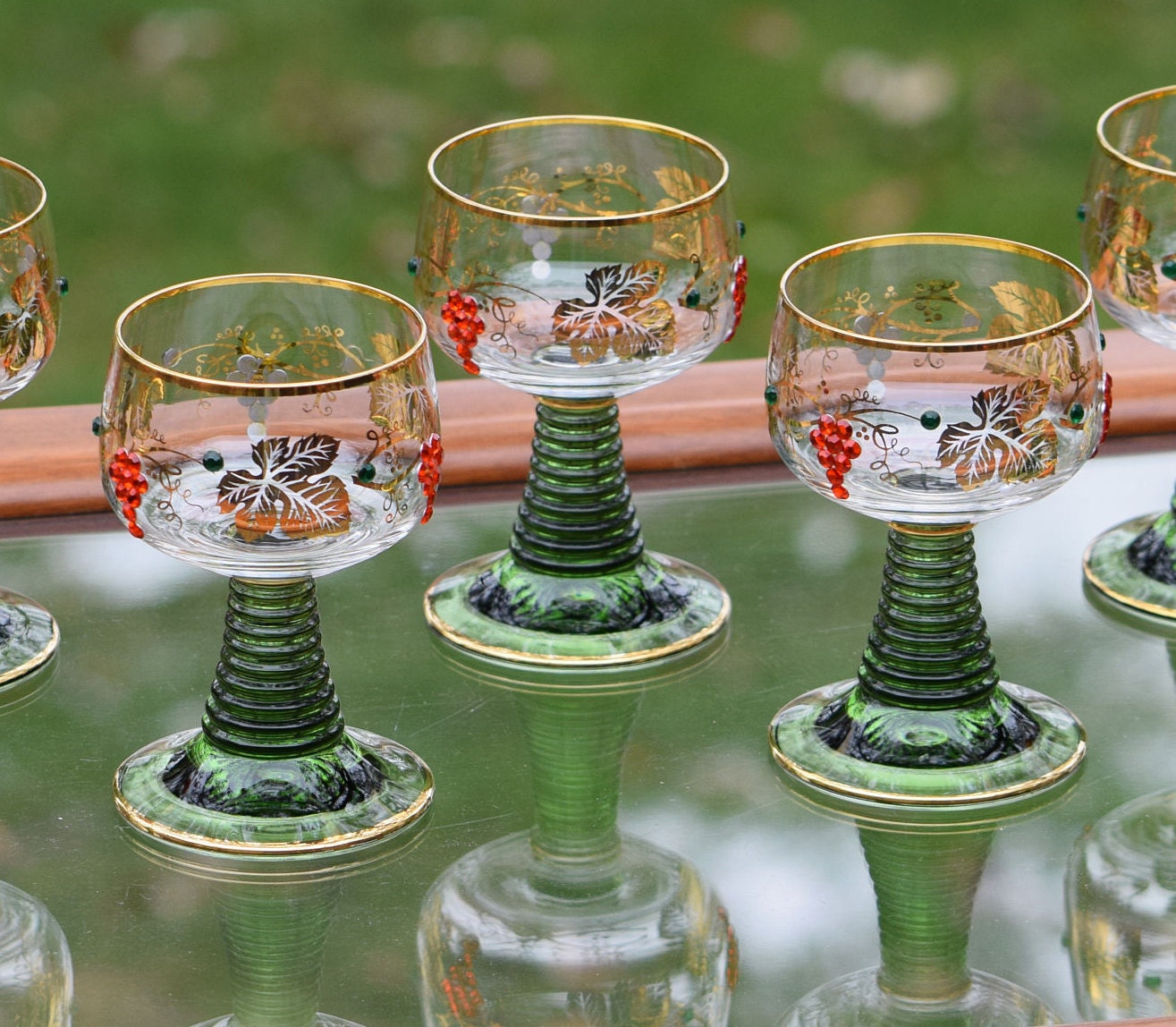 vintage green crystal mini wine glass, set of 8