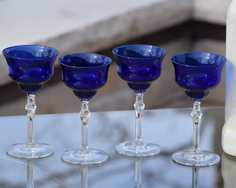 6 Vintage Cobalt Blue Wine~ Liqueur Cordials, Louie Glass Co, c. 1930's, 3 oz After Dinner Drinks, Limoncello Dessert Wine