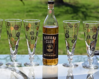 Vintage Libbey Collins Glasses: Gold & Black Coin Design, Set of 6