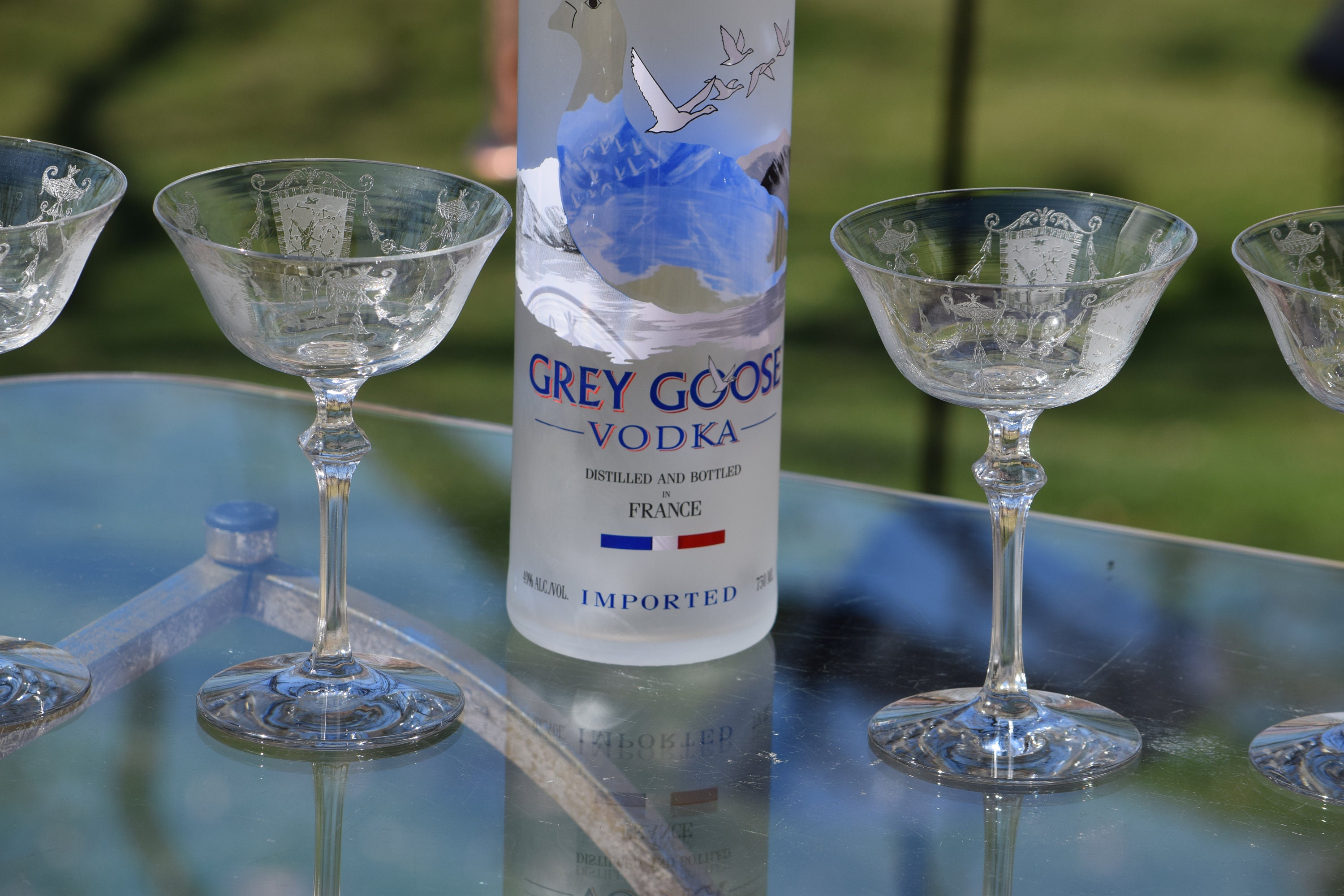 Grey Goose Vodka Etched Crystal Martini Glasses Barware Set Of 2