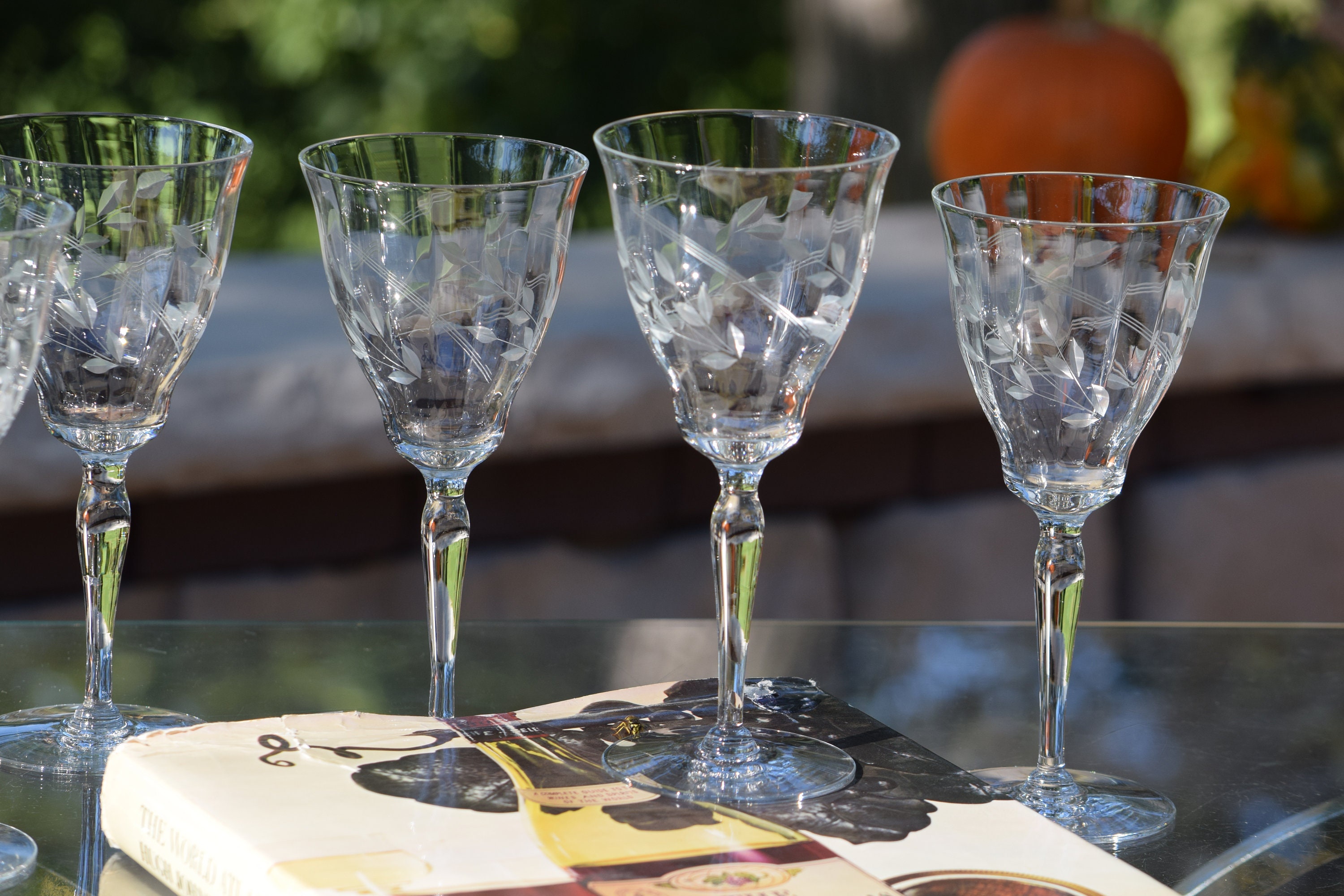 6 Vintage Etched Wine Glasses ~ Water Goblets, 8 oz Wine glasses