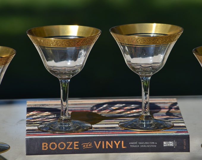 Vintage Gold Encrusted Cocktail Glasses: Tiffin Franciscan, 1930s Coupe, Set of 6