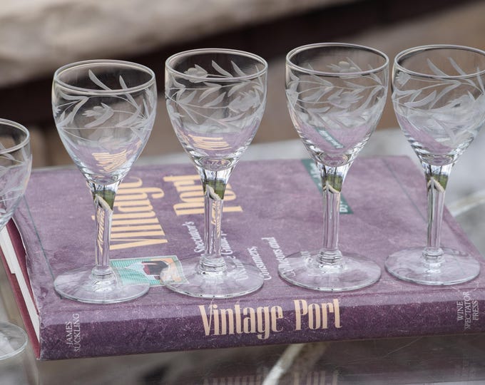 Vintage Etched Port Wine Glasses, 1950's, Dessert Wine ~ Sherry Cordials