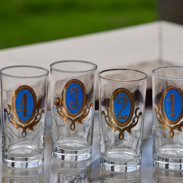 8 Vintage Blue and Gold Highball Cocktail Glasses, Libbey, Crown Collection, 1950's, Mad Men Barware, Vintage Whiskey Highballs