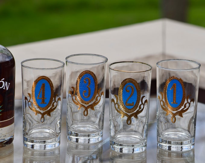 8 Vintage Blue and Gold Highball Cocktail Glasses, Libbey, Crown Collection, 1950's, Mad Men Barware, Vintage Whiskey Highballs