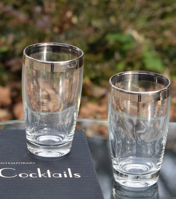 Vintage Silver Rimmed Double Shot Glasses, Set of 7, Mad Men Barware, Mid Century Modern Liquor