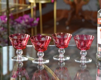 Vintage Ruby Red Etched Cocktail Glasses - 1950s Martini Glasses