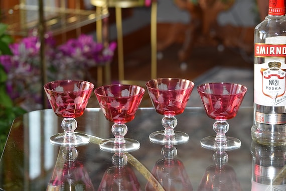 Vintage Ruby Red Etched Cocktail Glasses - 1950s Martini Glasses