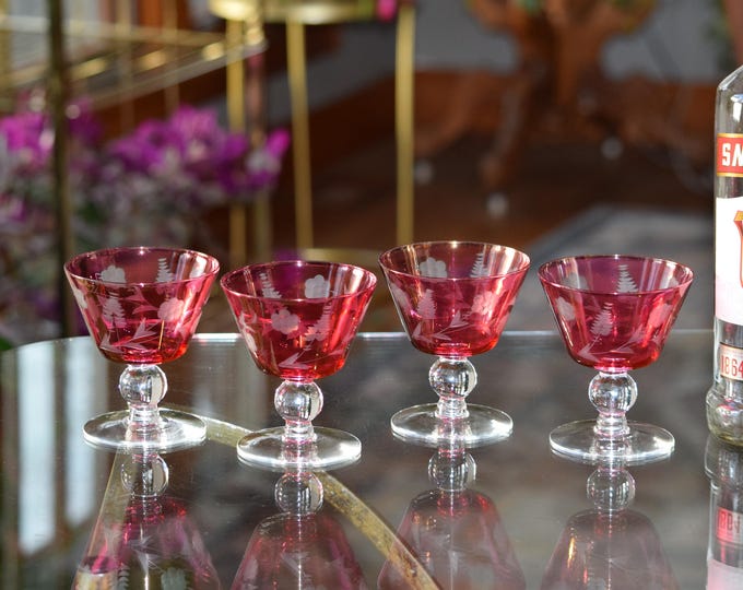 Classy Look! 4 Vintage Red Etched Cocktail ~ Martini Glasses, 1950's, Vintage Ruby Red Champagne Glasses, Nick and Nora Cocktail Glasses