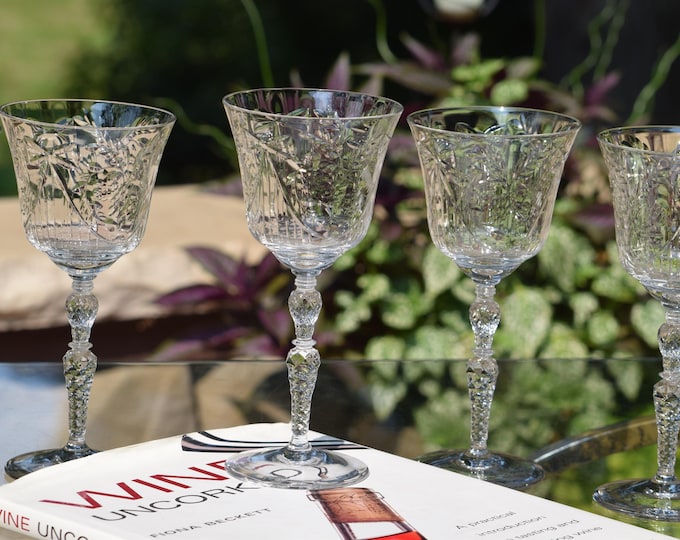 EXQUISITE and RARE!  2 Vintage Etched CRYSTAL Wine Glasses, Rock Sharpe ~ Salon ~ 1943, Crystal Water Goblets, Wedding Toasting Wine Glasses