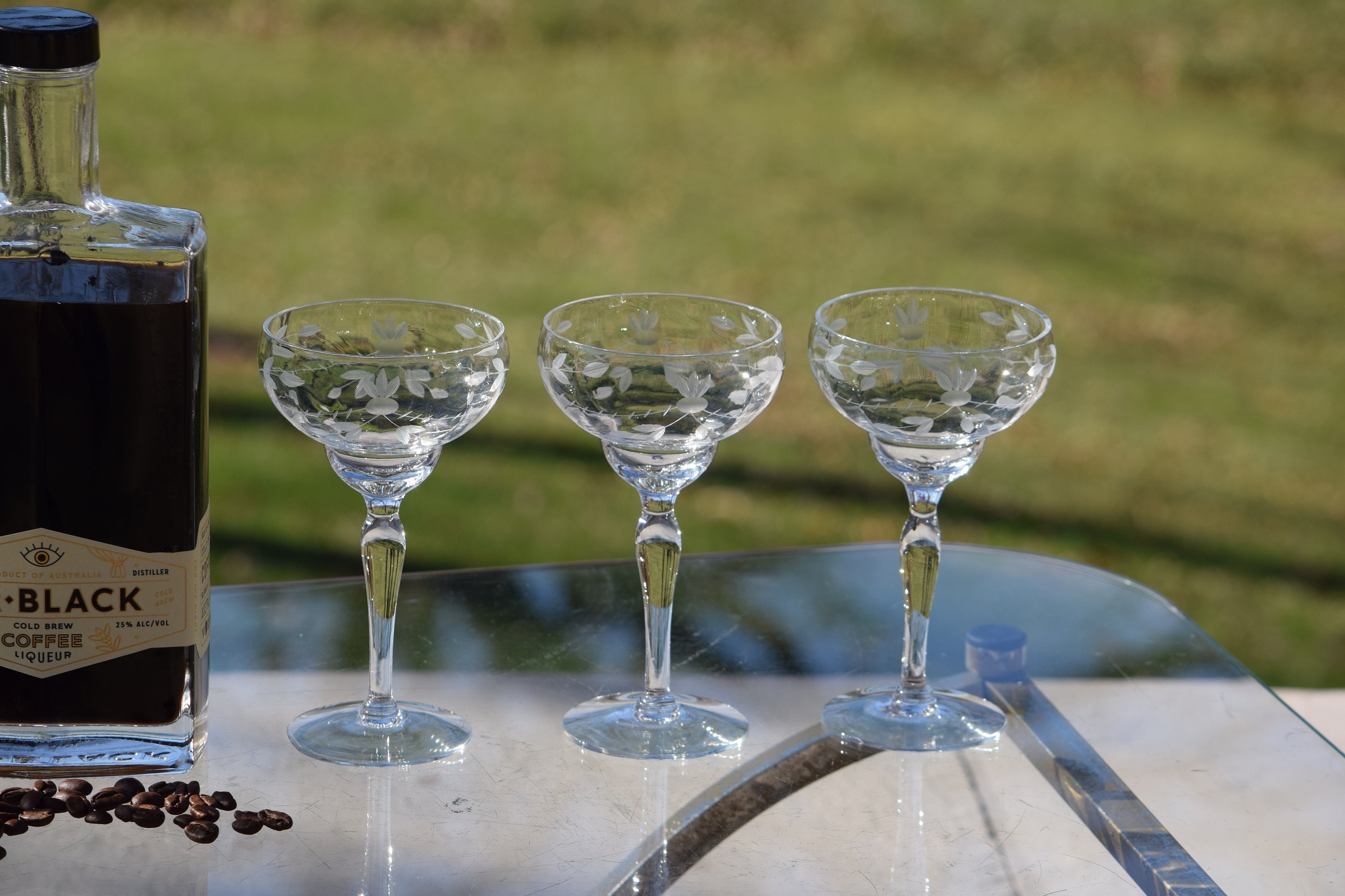 4 Vintage Etched Cocktail Glasses, circa 1950, Small 4 oz