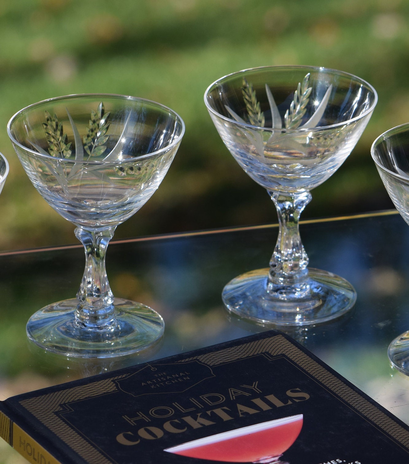 4 Vintage Etched CRYSTAL Liqueur Cocktail Glasses, Fostoria, Circa