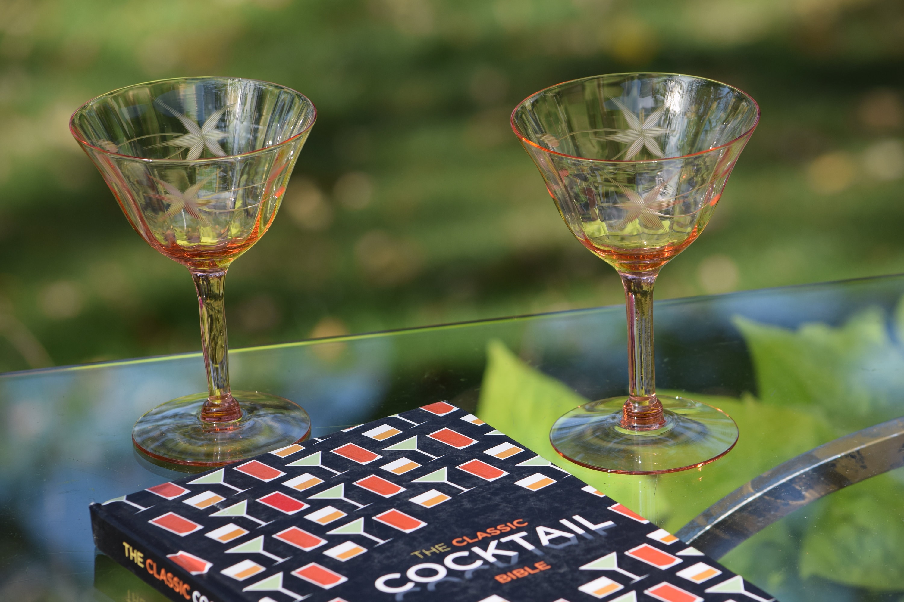 Vintage Etched PINK DEPRESSION Glass Cocktail Martini Glasses, Set of