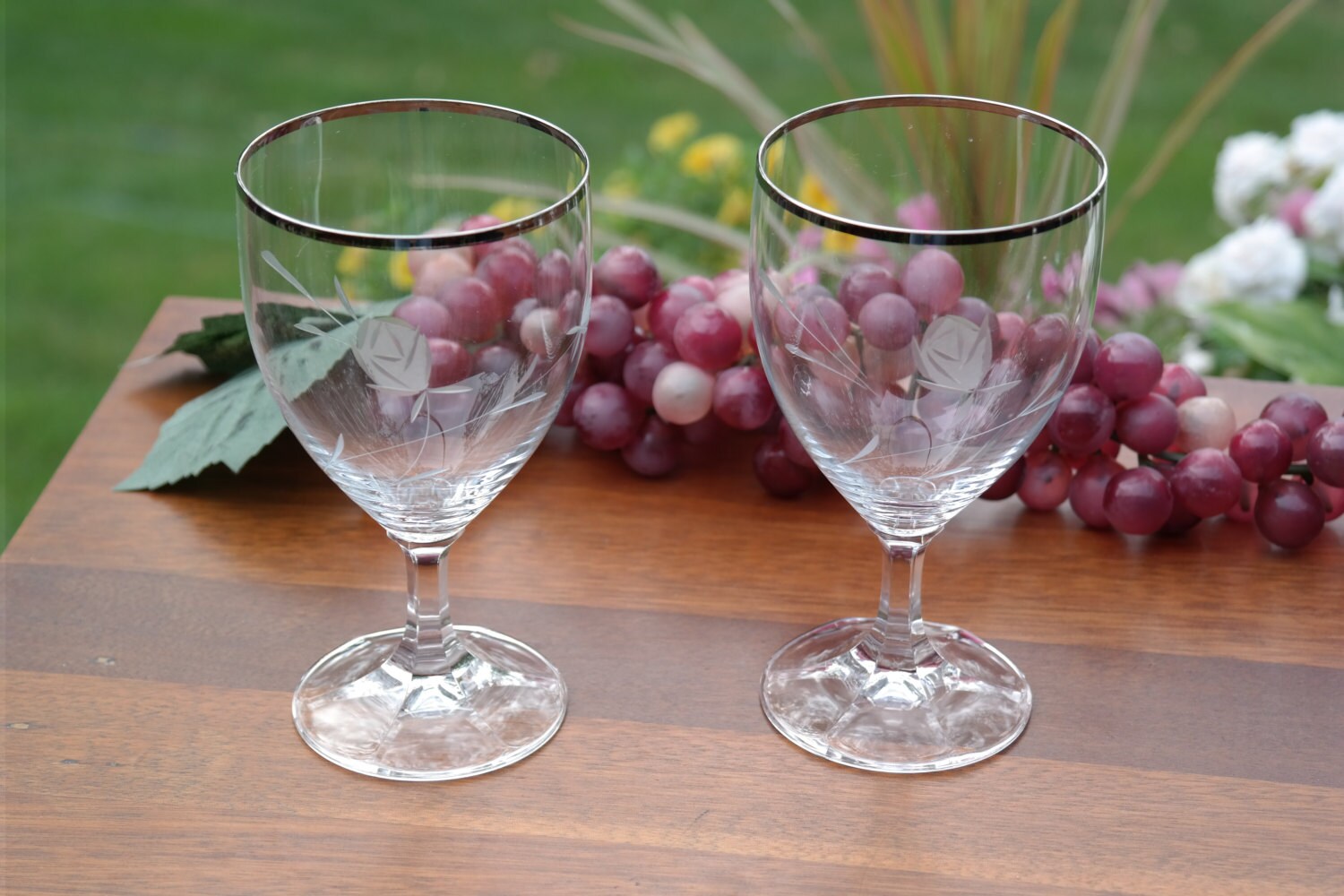Vintage Platinum Rim CRYSTAL Etched Wine Glasses, Set of 7, Vintage