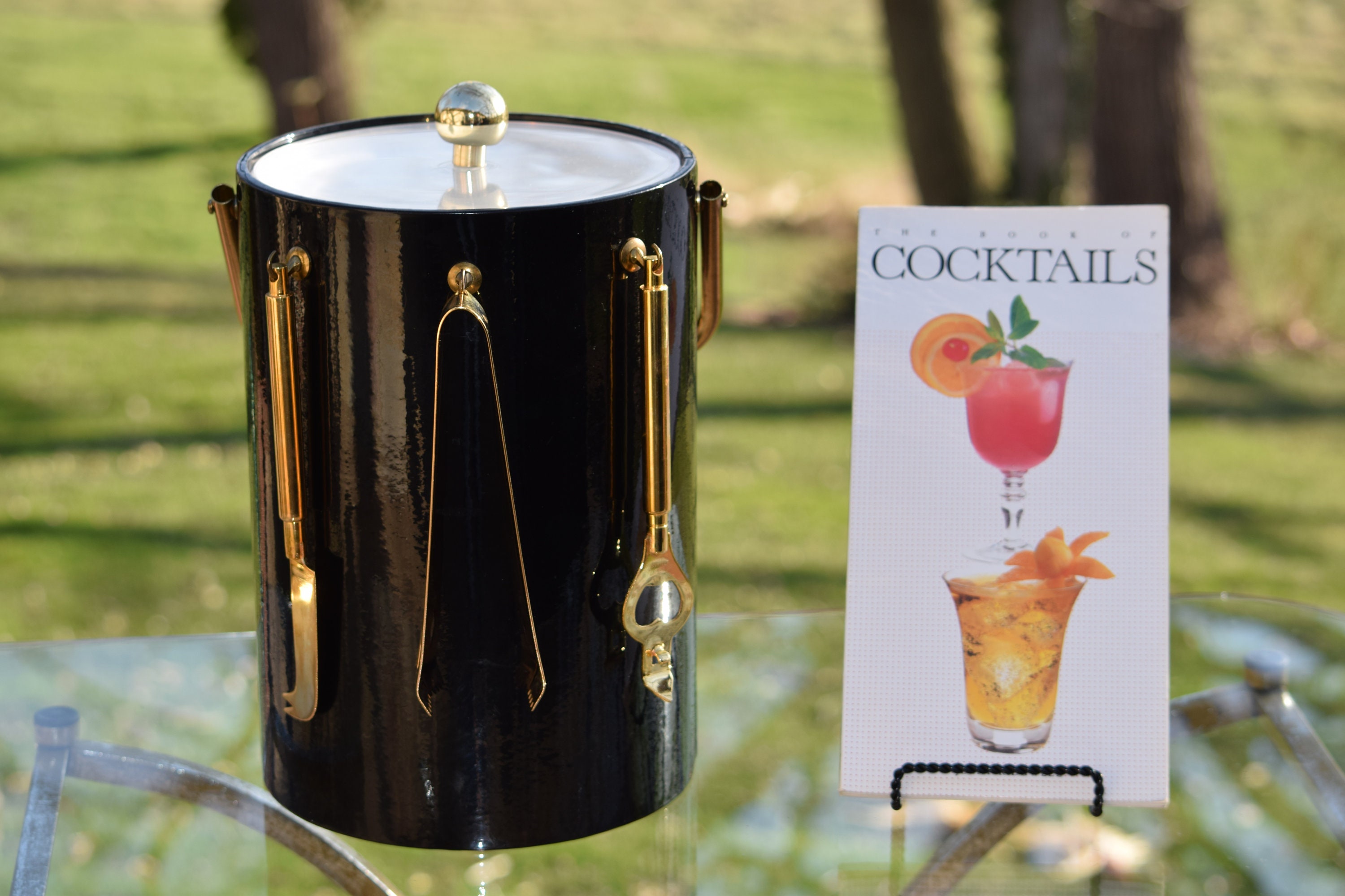 Vintage BRIARD Ice Bucket Black Patent Leather and Gold