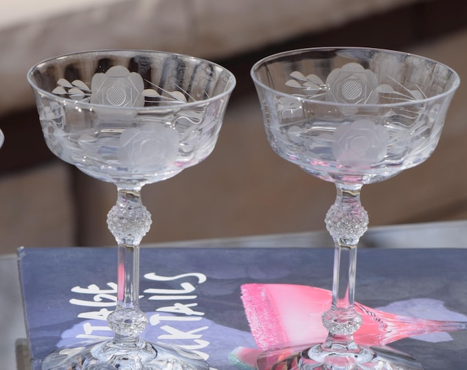 Vintage Etched Crystal Cocktail ~ Martini glasses, Fostoria, circa 1930's, Etched Champagne Glasses