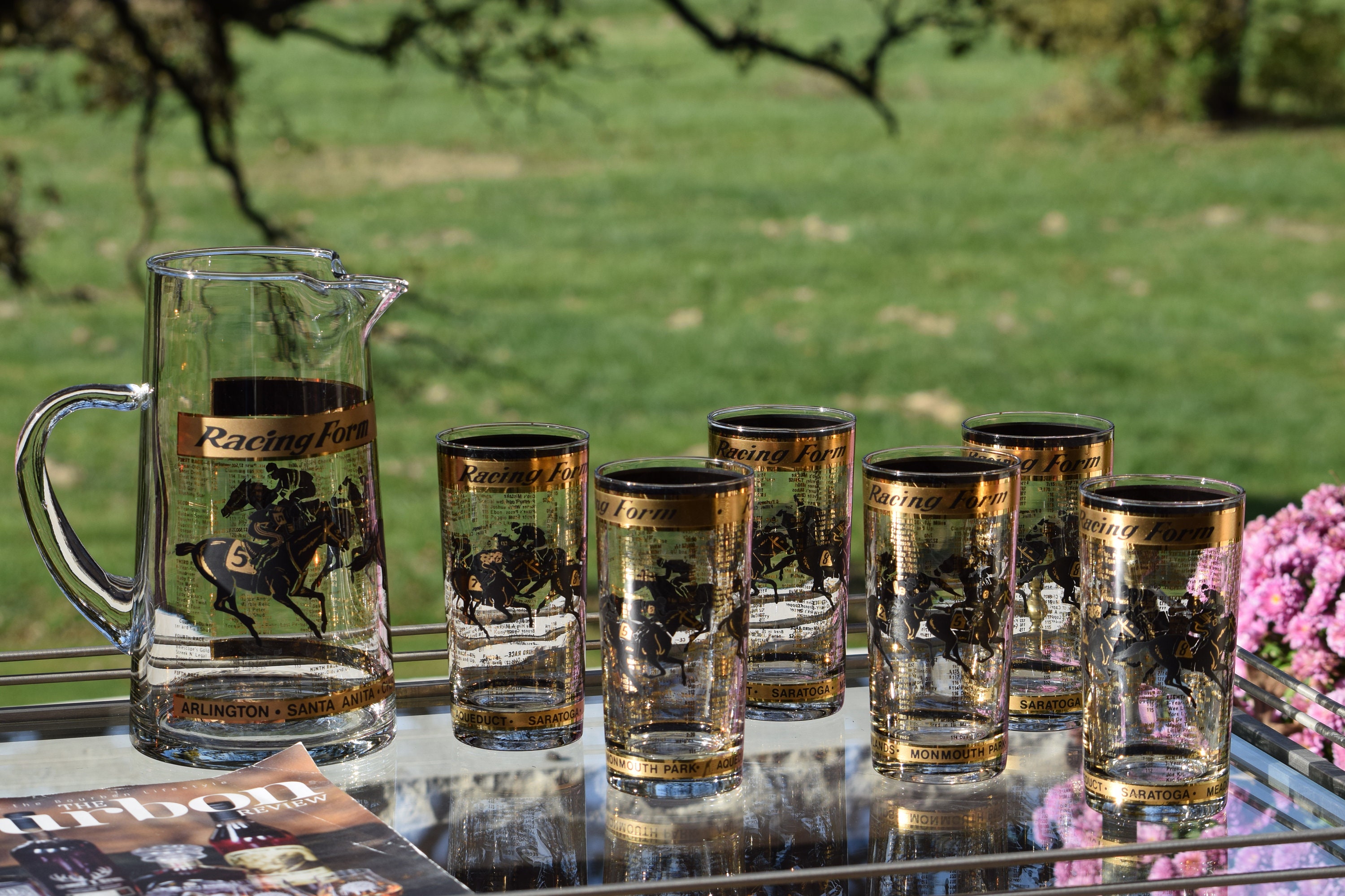 6 Vintage Cocktail Highball Glasses with matching Cocktail Pitcher