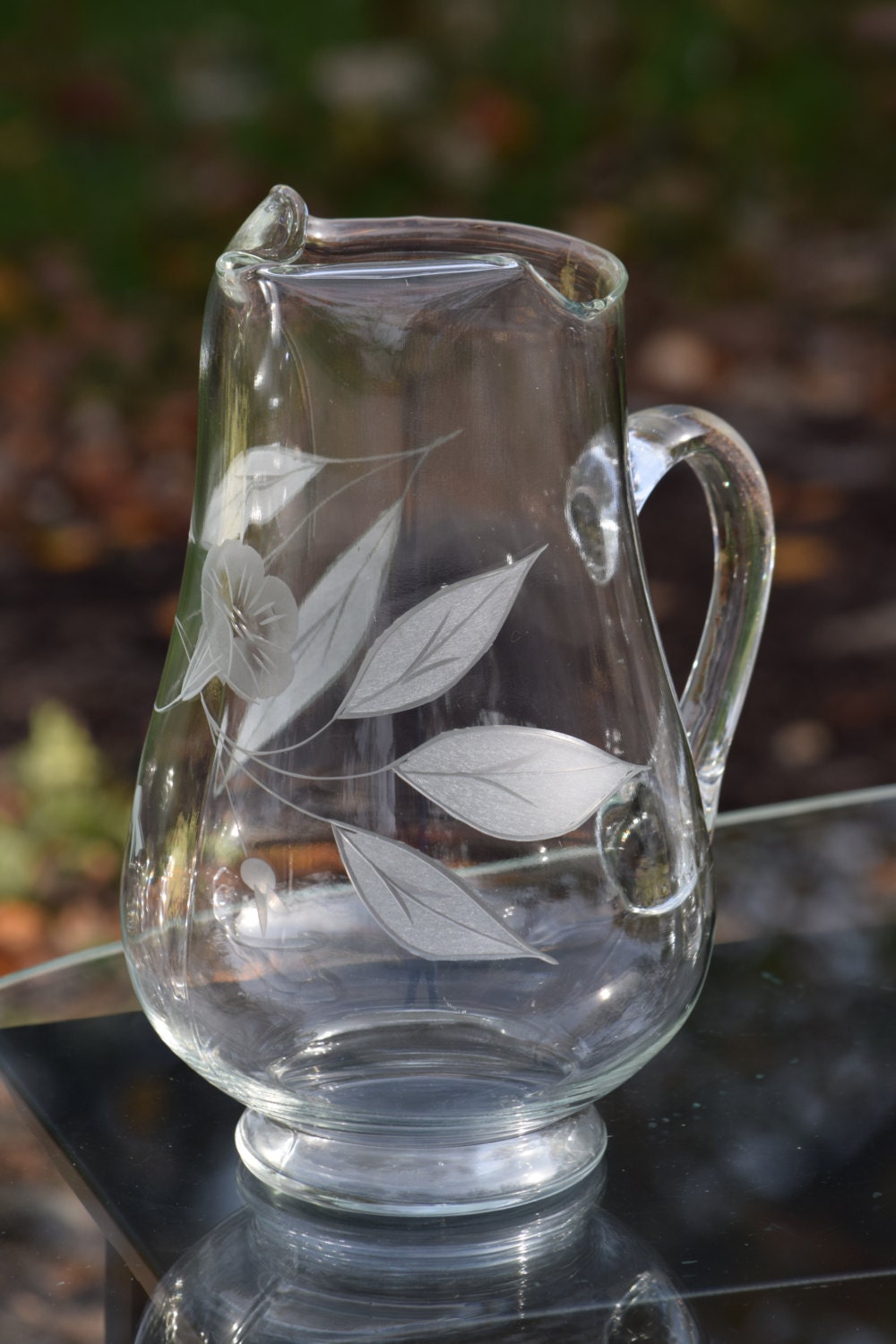Vintage Floral Etched Highballs and Pitcher, Garden Party Beverage