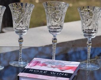 4 Vintage Etched Wine Glasses ~ Water Goblets, 1950's Etched Wine Glasses, Vintage Wine Glasses, Wedding Glasses