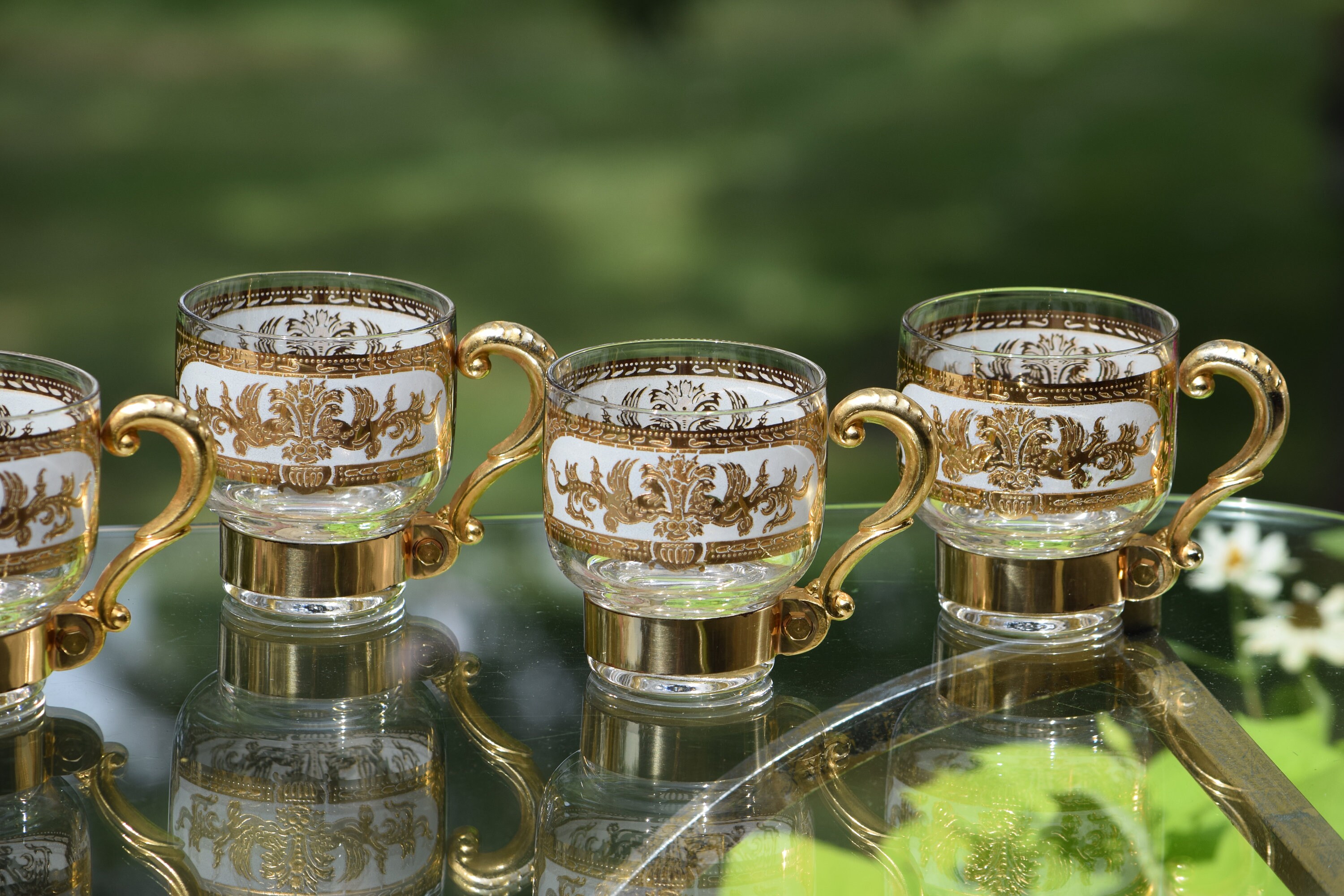 Vintage CULVER 22k Gold Cocktail Set, Pitcher with 6 footed Lowballs