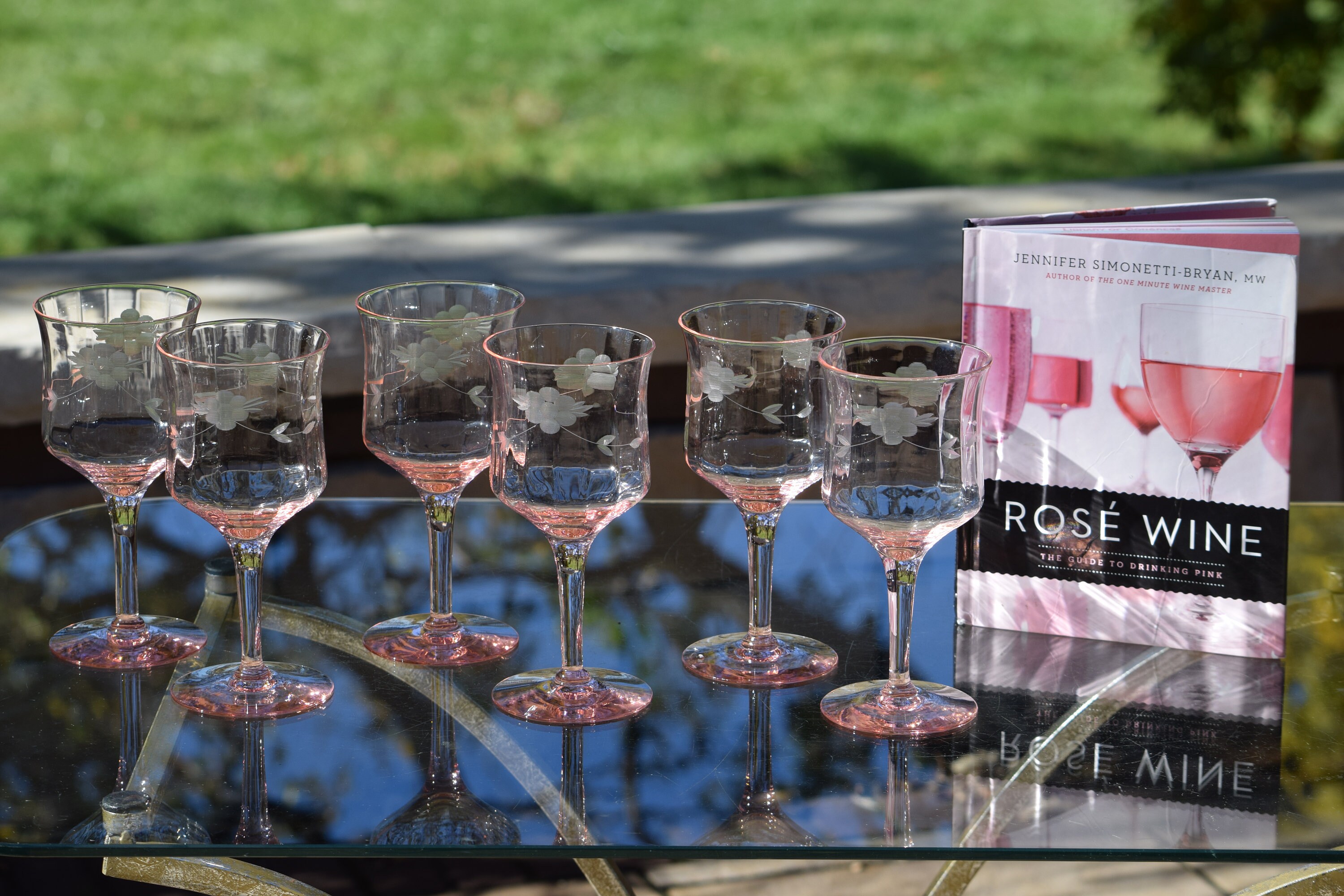 6 Vintage Etched Pink Wine Glasses, Tiffin Franciscan, 1940's, Vintage