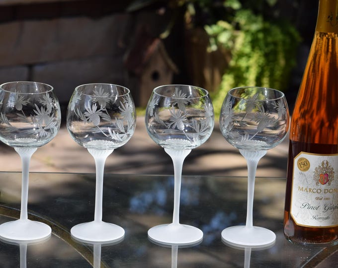 LOOKING FOR UNIQUE? 4 Vintage Etched Wine Glasses with Satin Stems, 1980's, Tall Vintage Wine Glasses, Summer Wine Glasses