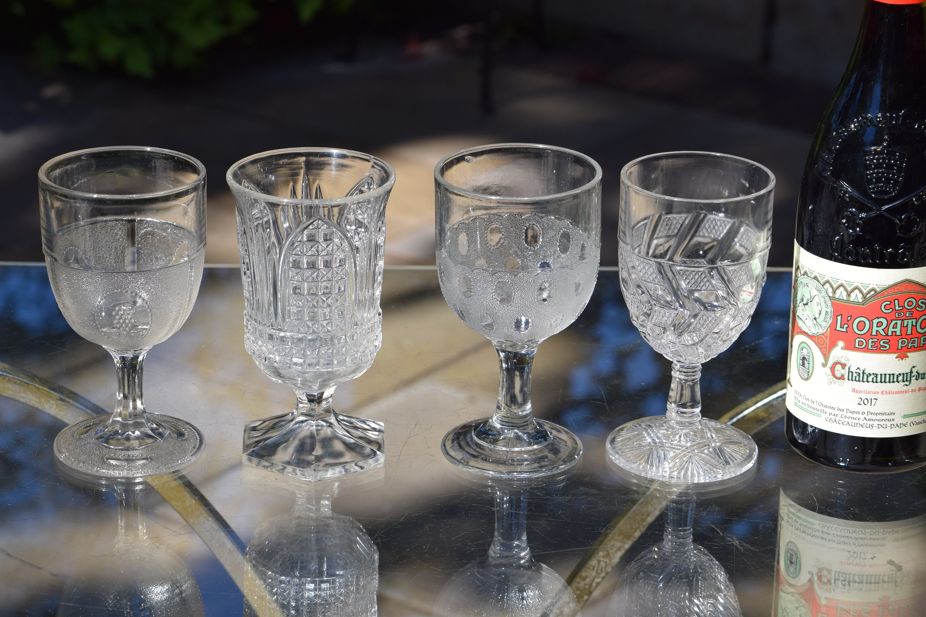 4 Antique Pressed Glass Wine Glasses, Boston Silver, c 1869, 4 Mis