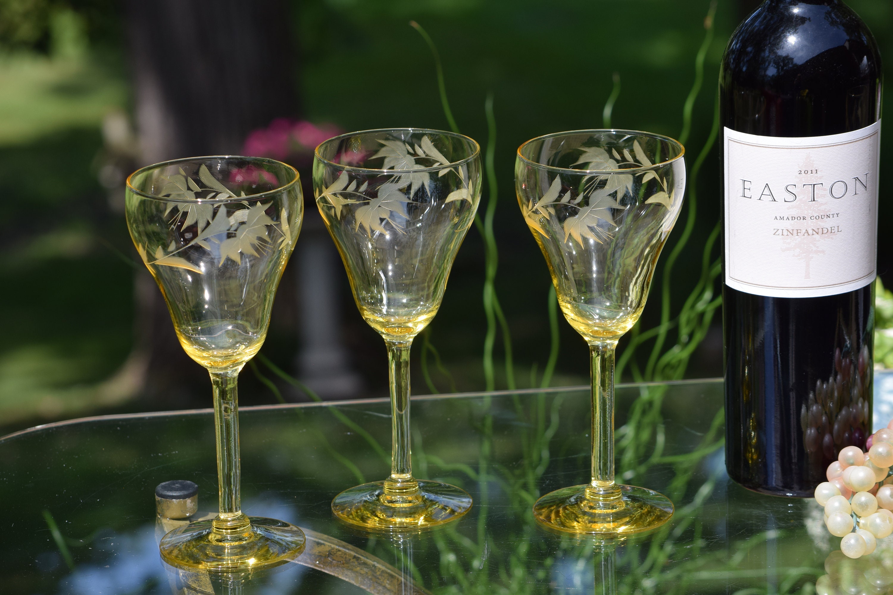 Vintage Etched Yellow Wine Glasses, Set of 4, Elegant Tall Yellow ...