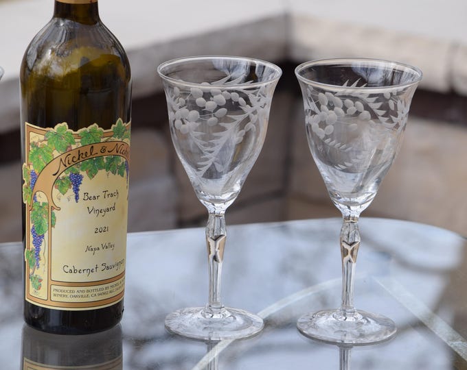 Vintage Etched Wine Glasses - Set of 4, 1950's, Vintage Glassware