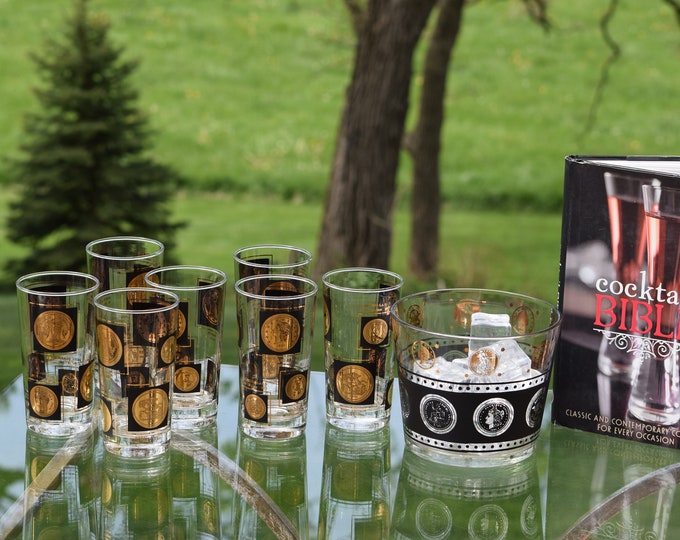 HOME BAR JEWEL! Vintage Cocktail Highball glasses with Ice Bucket, Cera Black and Gold Coin,  Whiskey Bourbon Glasses, Mid Century Barware