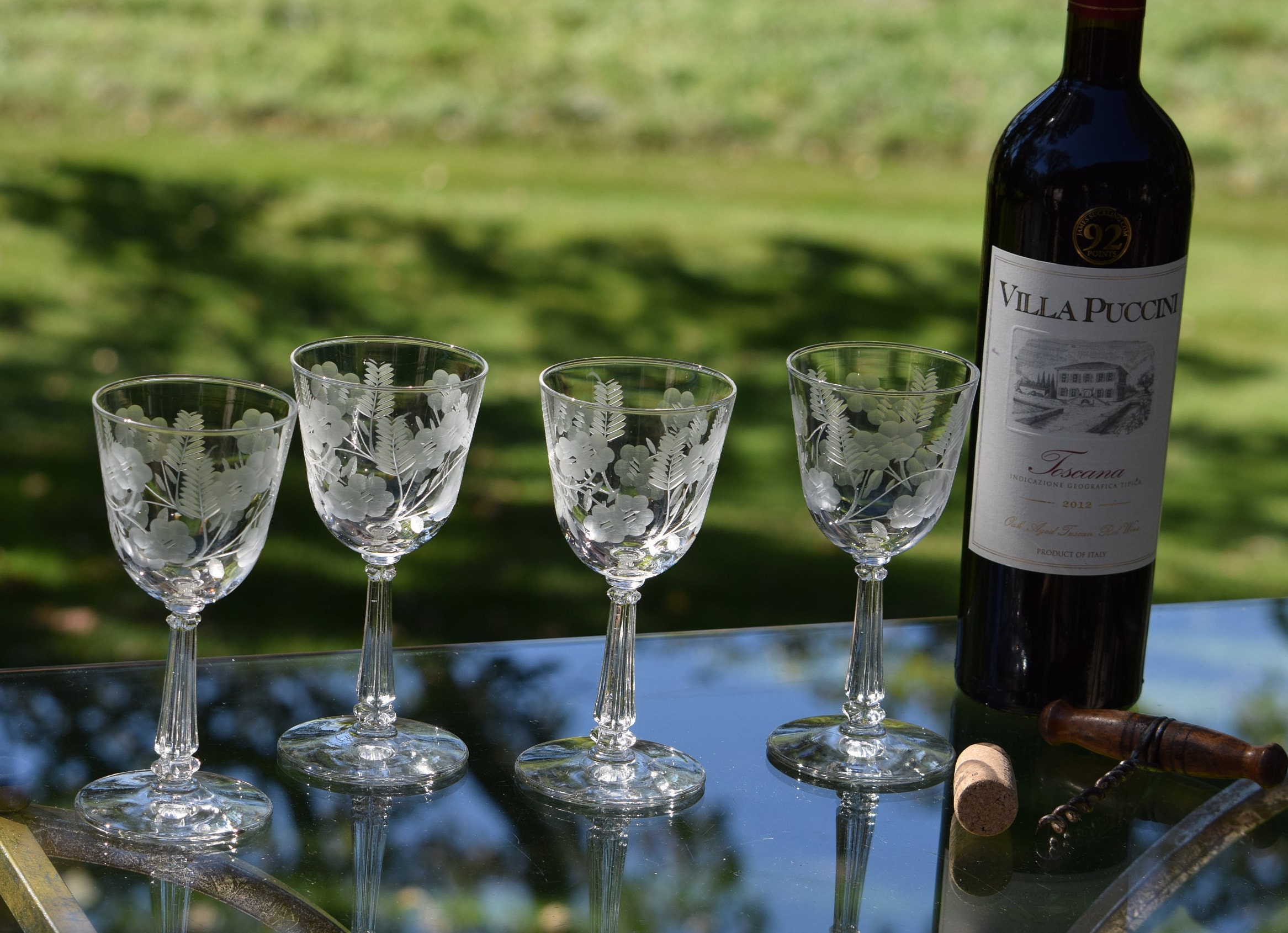 Vintage Etched Wine Glasses, Set of 6, Elegant 4 oz Vintage Wine
