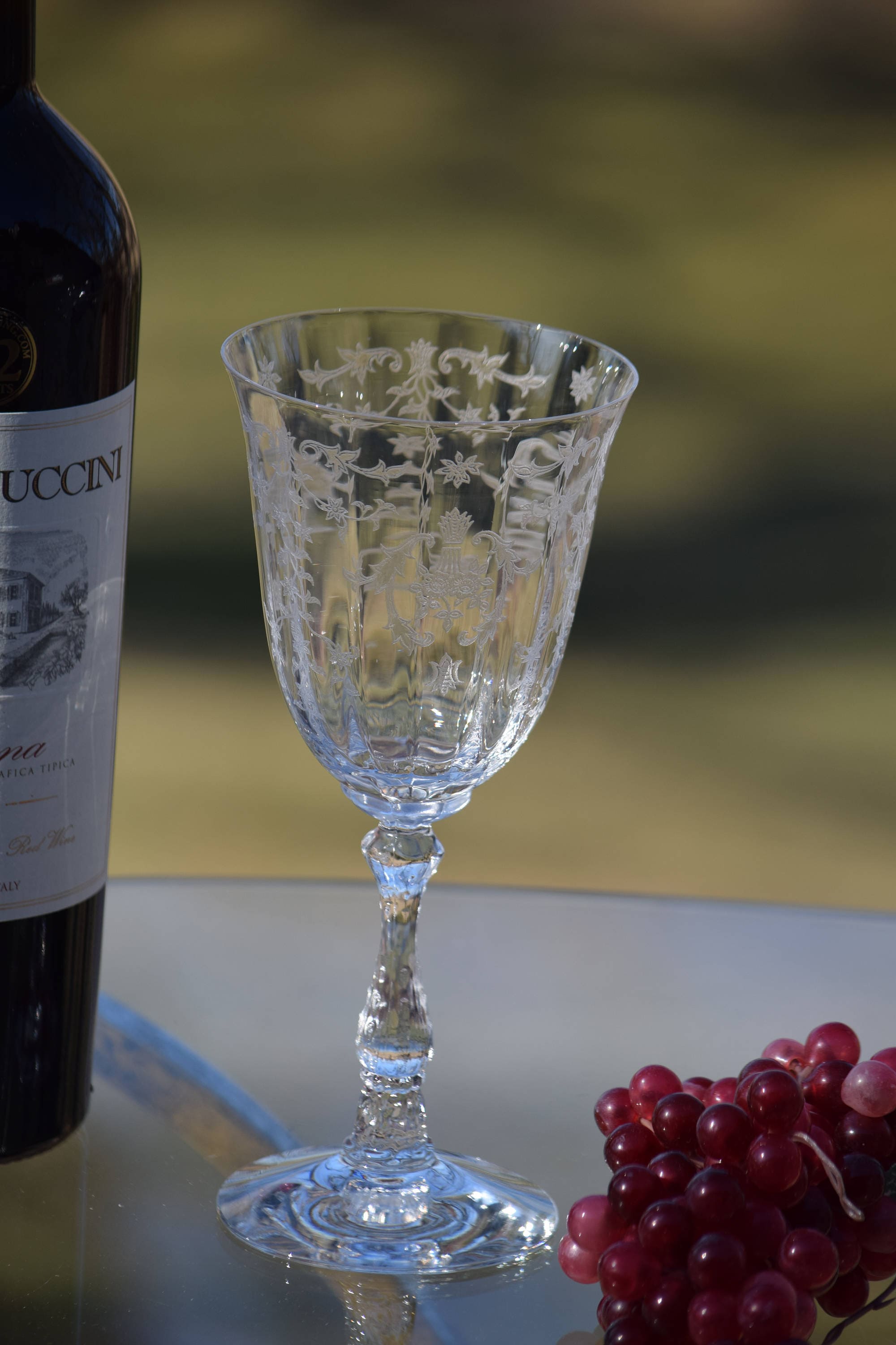 Vintage Wine Glasses. Glassware Ornate Etched Crystal Clear Tall Water