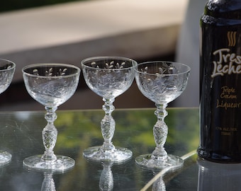 Vintage Etched Crystal Liqueur, Dessert Wine Glasses, 1950's, Set of 6, After Dinner Drinks, 4 oz Port Wine Glasses, Mini Cocktail Glasses
