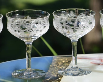 5 Antique Etched Cocktail - Champagne Glasses, Central Glass Works, Thistle Pattern, circa 1910, Mixologist Cocktail Glasses,