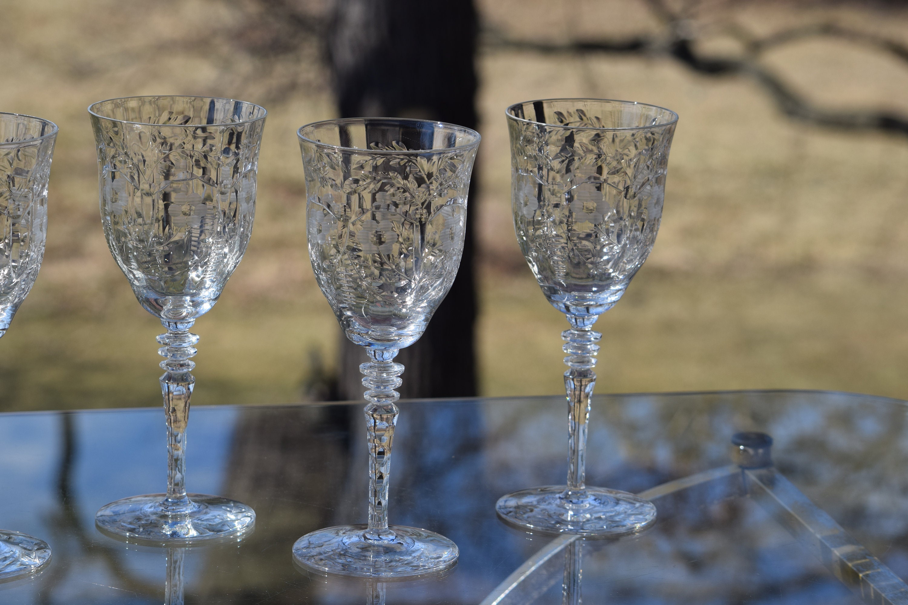 Vintage Floral Etched Optic Wine Glasses Set Of 4 Rock Sharpe Circa