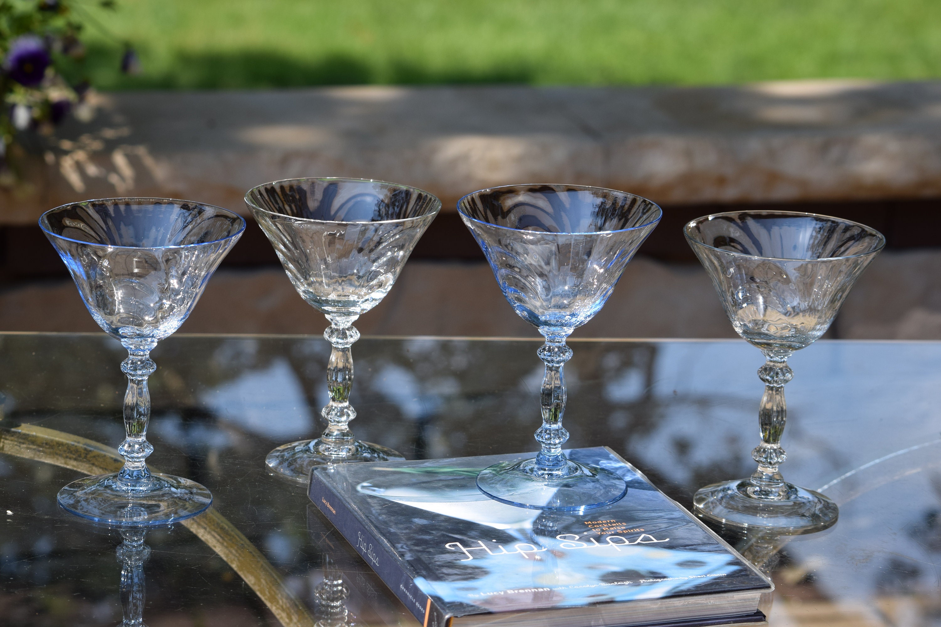 6 Vintage Etched Crystal Cocktail Glasses, Fostoria, 1960's, Nick