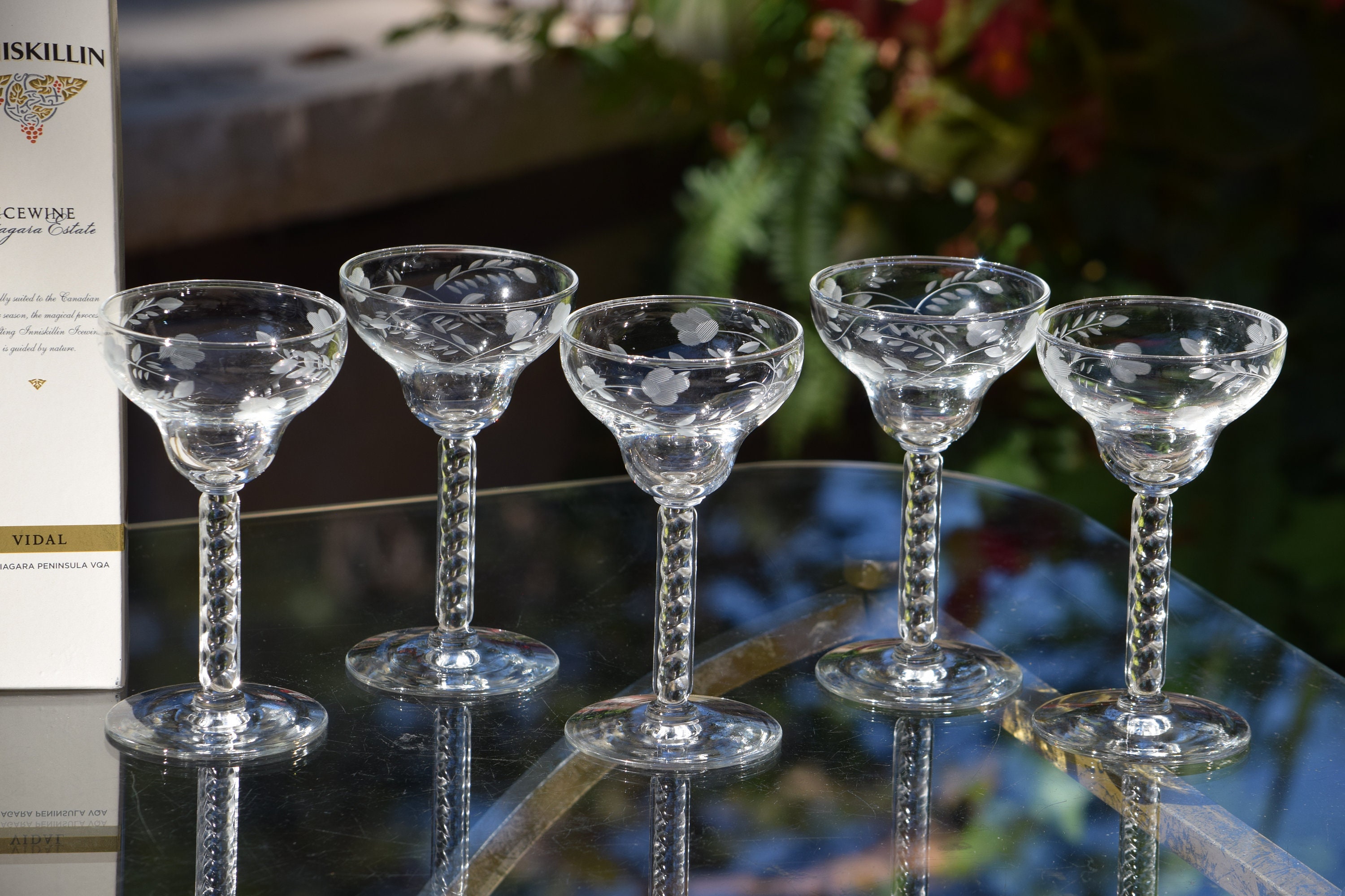 5 Vintage Etched Wine~ Liquor Glasses, 1950's, 4 oz After Dinner