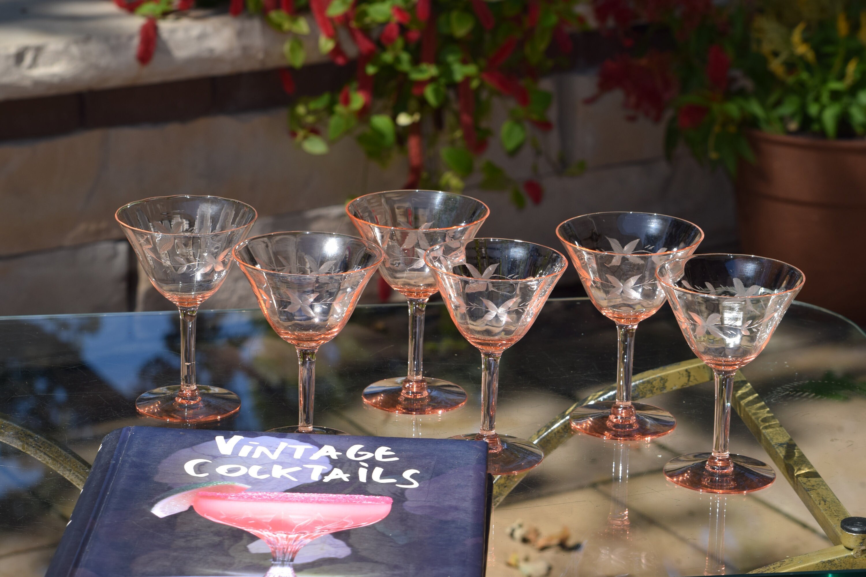 6 Vintage Pink Etched Cocktail Martini Glasses, Mixologist Cocktail