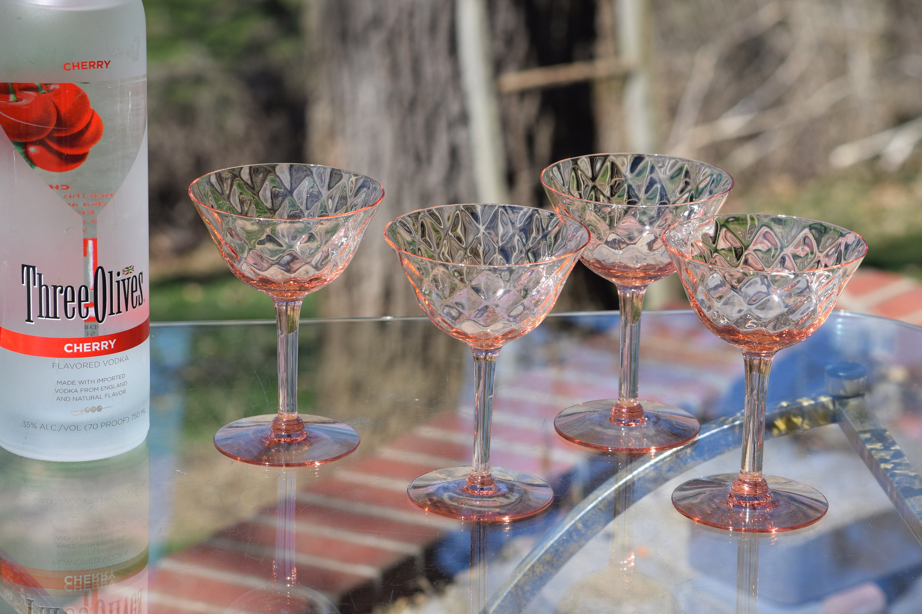 Vintage PINK DIAMOND OPTIC Champagne Glass - Cocktail Martini Glasses, Set  of 6, Depression Glass Circa 1940's Vintage Pink Cocktail glasses