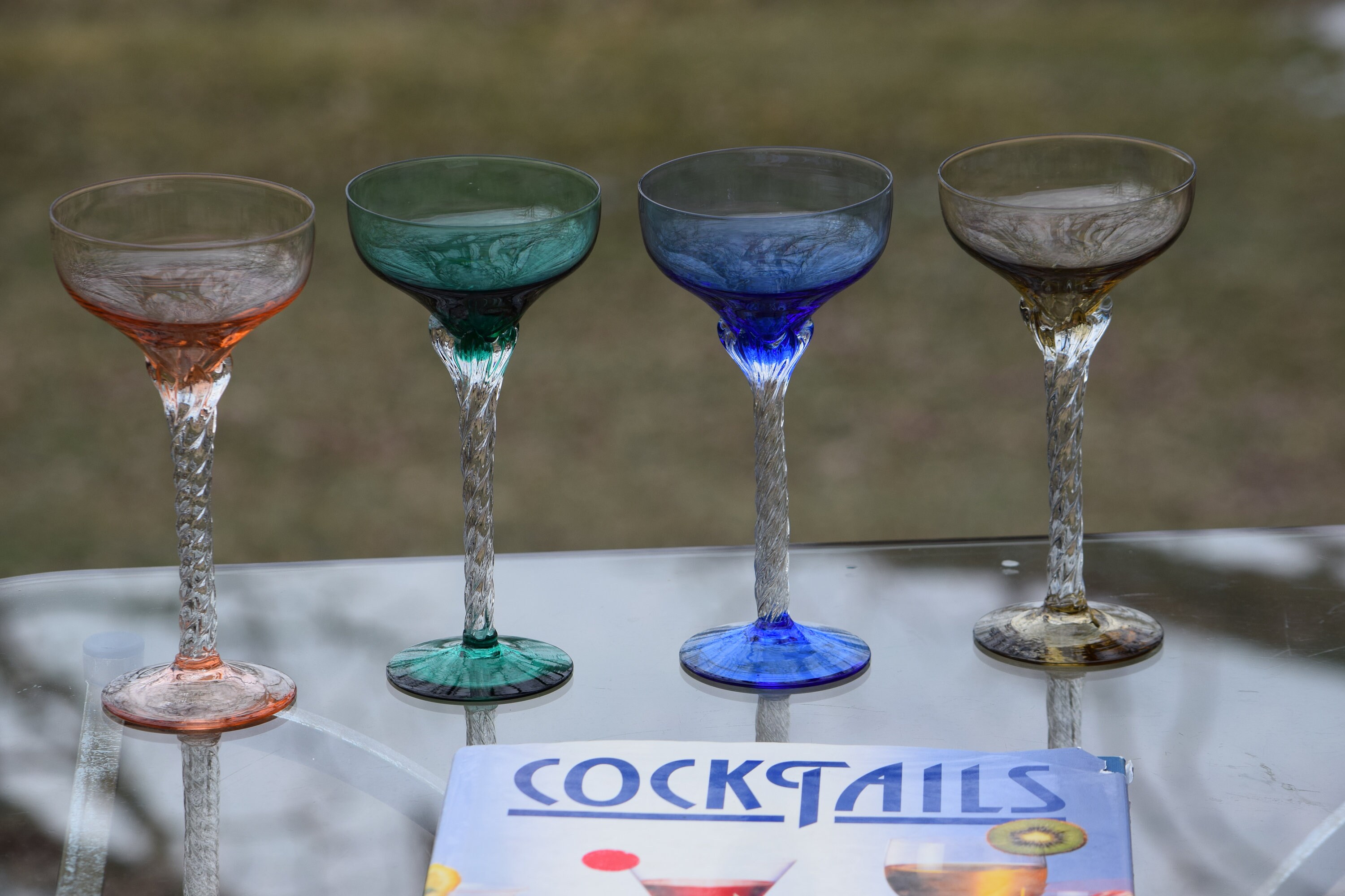 Vintage Multi Colored Clear Twisted Stem Cocktail Glasses, Set of 4