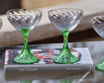 Antique Fostoria Spiral Optic Cocktail Glasses, Green Uranium Stem Coupes, Fostoria 1925
