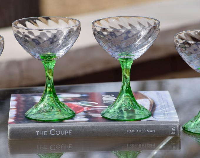 Antique Fostoria Spiral Optic Cocktail Glasses, Green Uranium Stem Coupes, Fostoria 1925