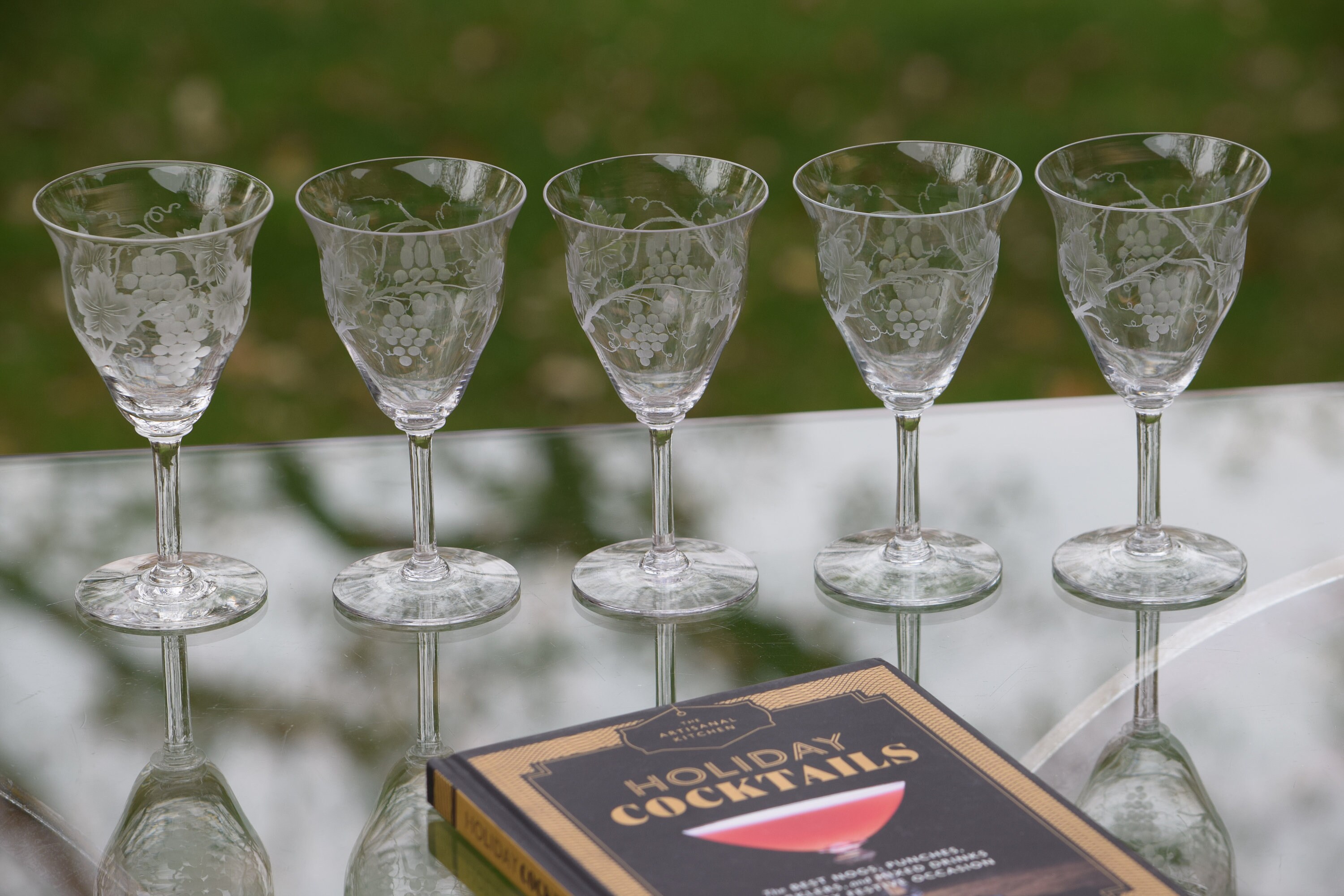 Vintage Etched CRYSTAL Wine Glasses, Set of 5, 4 oz Round Crystal