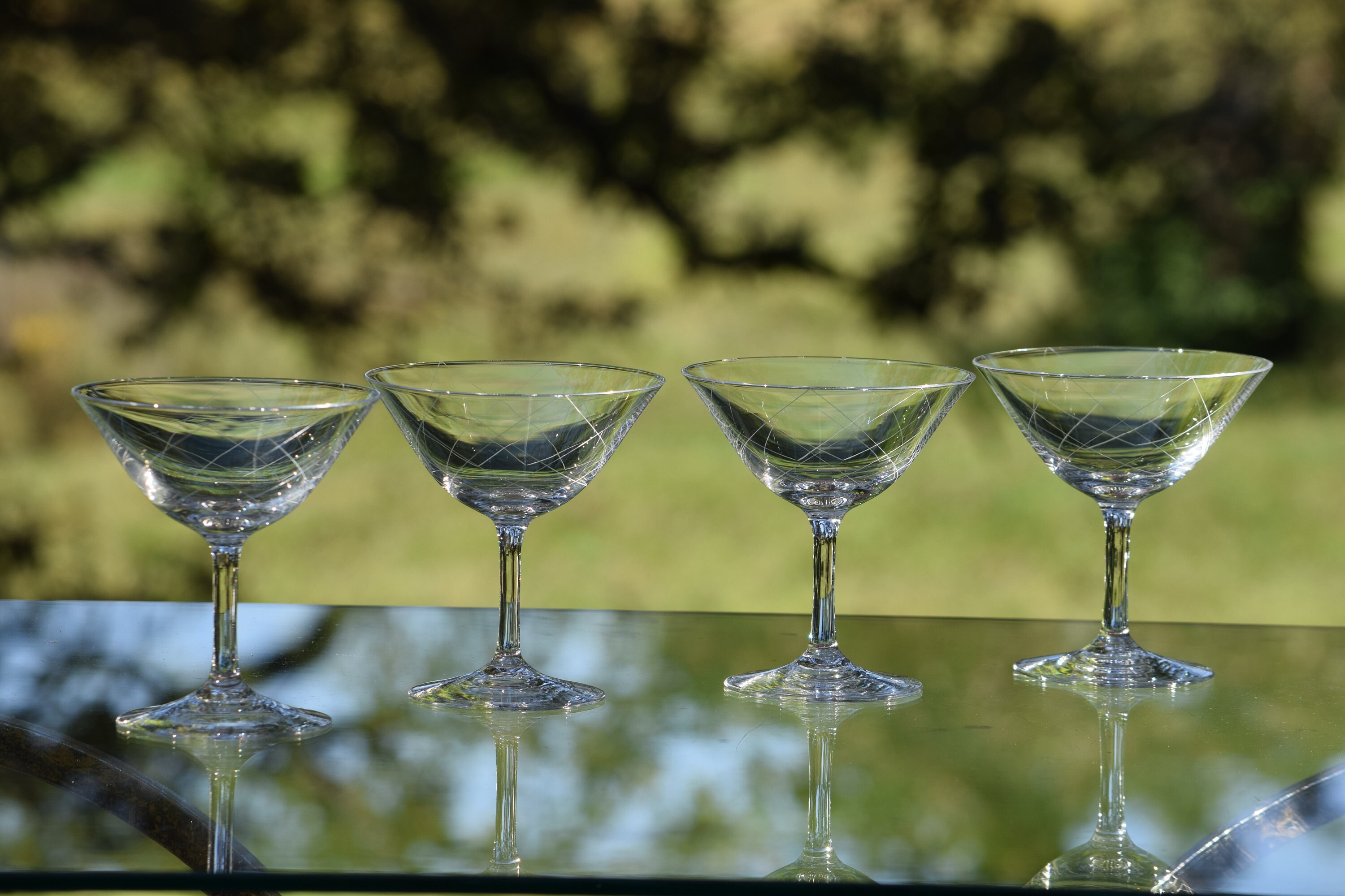 Vintage Etched Cocktail Martini Glasses, Set of 2, Vintage Art Deco