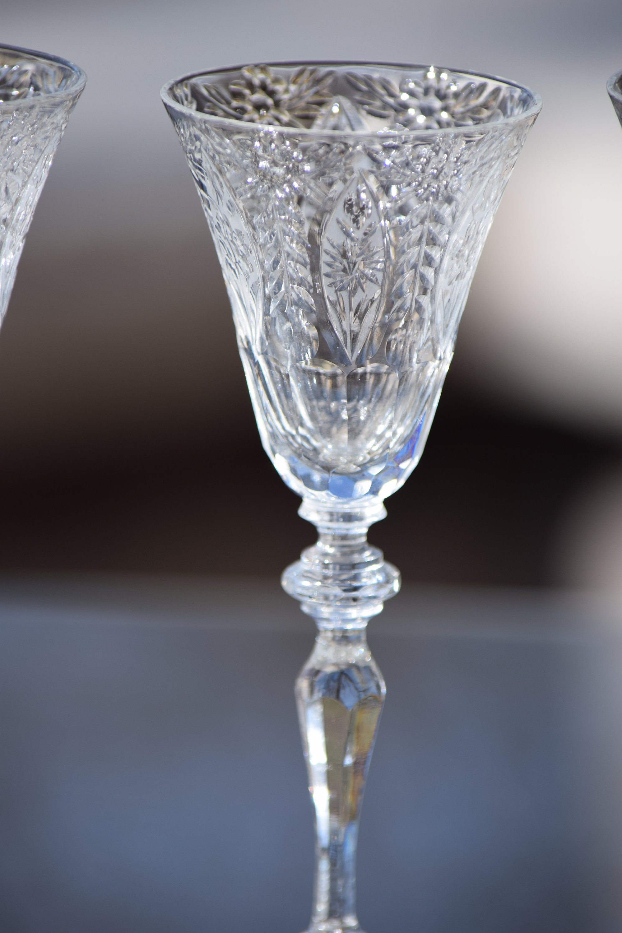 6 Vintage Etched Crystal Wine Liqueur Cordials, 1940, 2 oz After Dinner