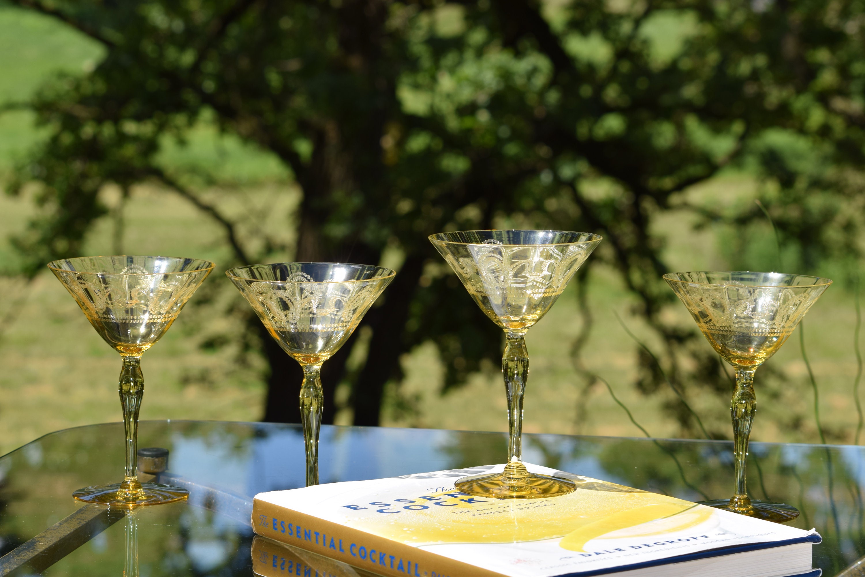Vintage Yellow Needle Etched Cocktail Glasses, Set of 4,